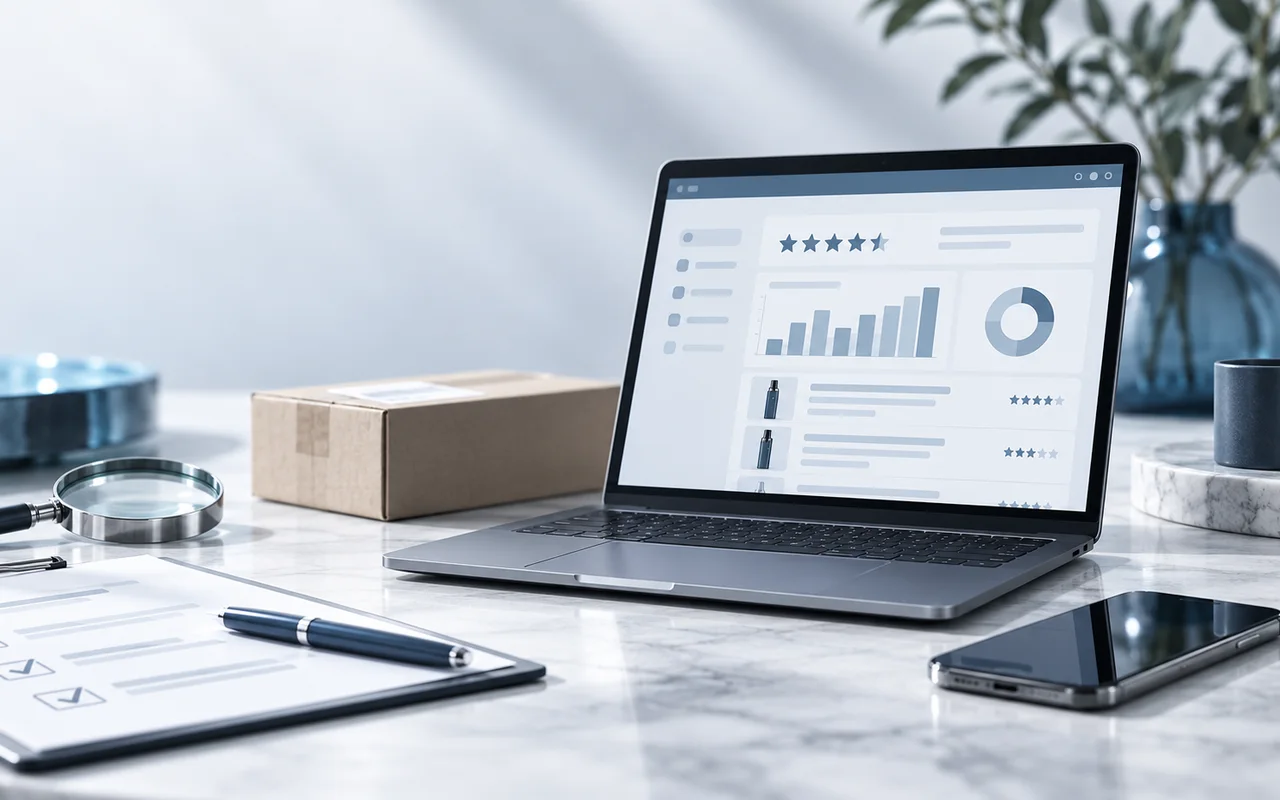 Redaktionelle Produktprüfung an einem modernen Arbeitsplatz mit Vape-Produkten