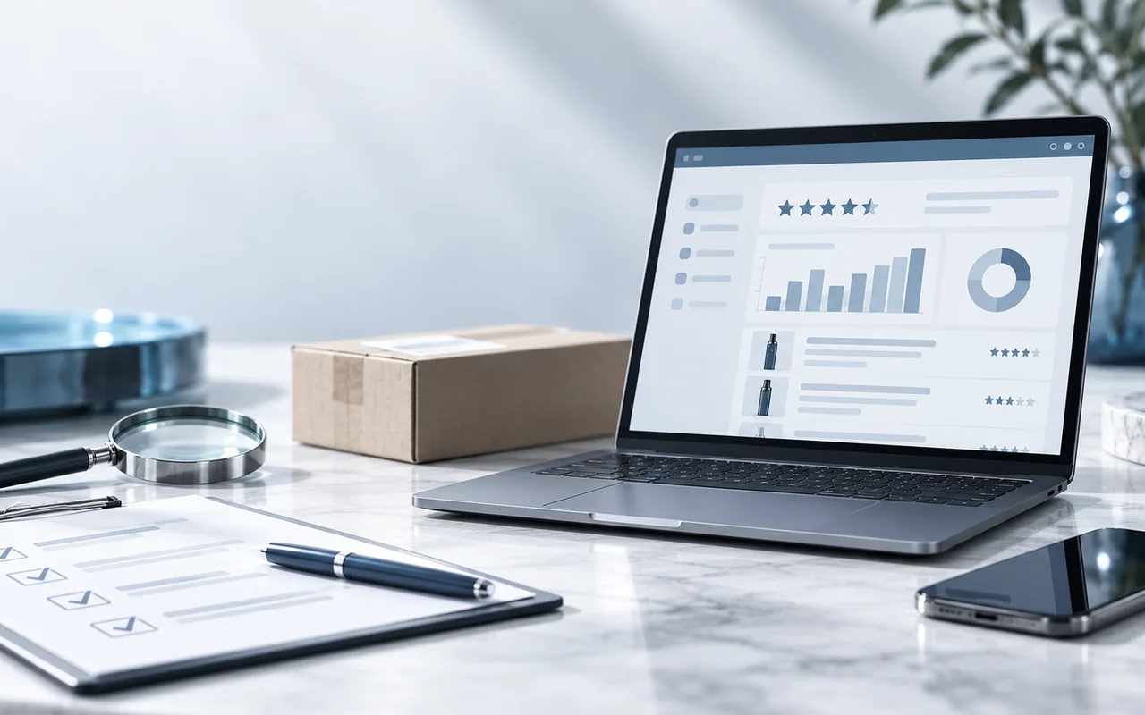 Redaktionelle Produktprüfung an einem modernen Arbeitsplatz mit Vape-Produkten
