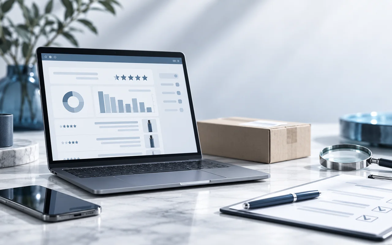 Redaktionelle Produktprüfung an einem modernen Arbeitsplatz mit Vape-Produkten