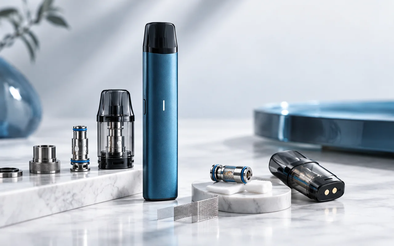 E-Zigarette mit Pods, Coils und technischen Komponenten in einer professionellen Detailaufnahme