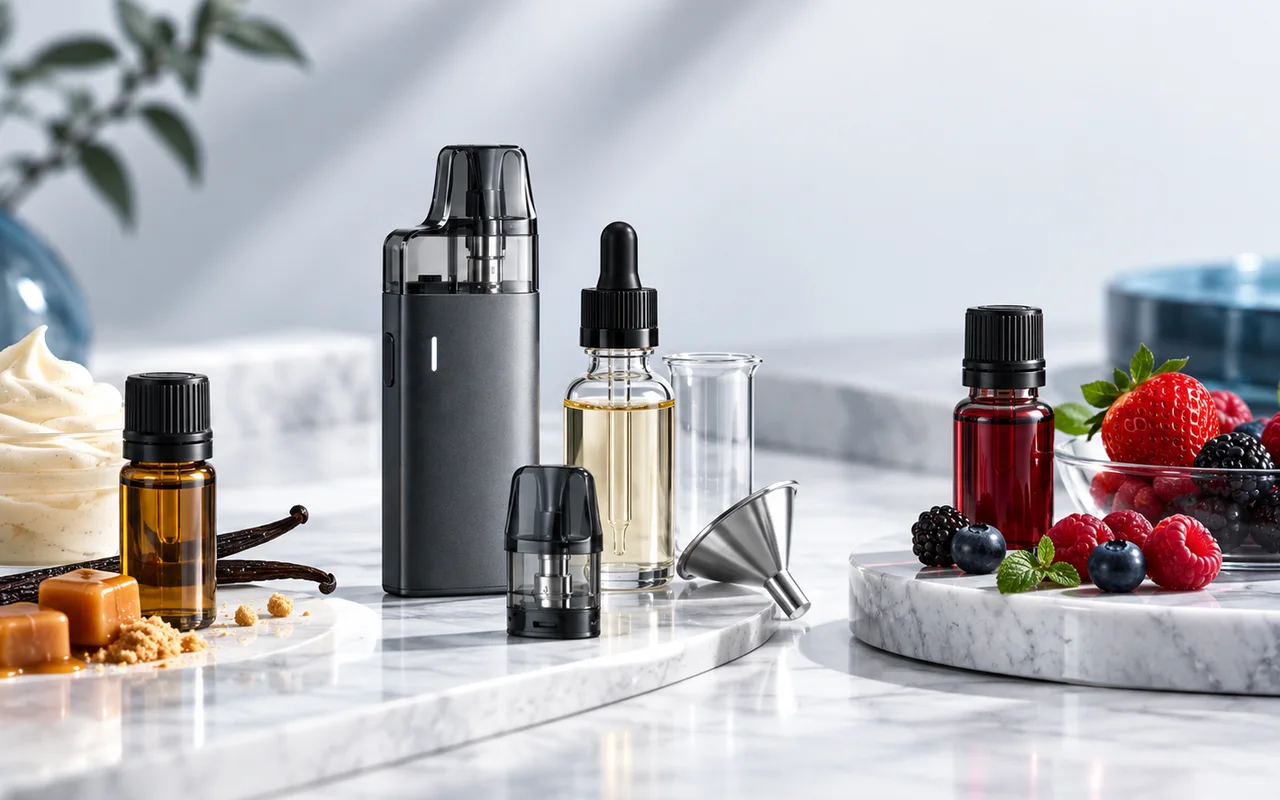 E-Liquid-Aromen, Pod-System und Geschmackszutaten in einer professionellen Produktaufnahme
