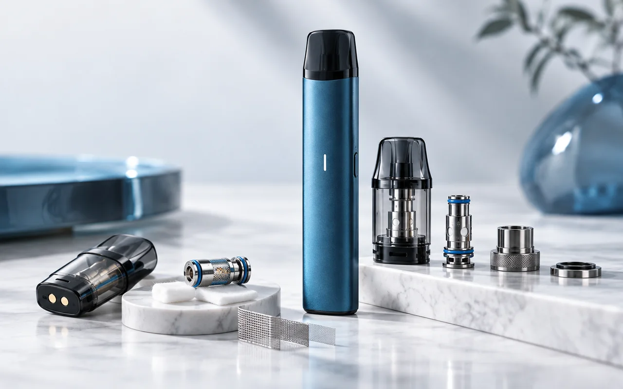 E-Zigarette mit Pods, Coils und technischen Komponenten in einer professionellen Detailaufnahme