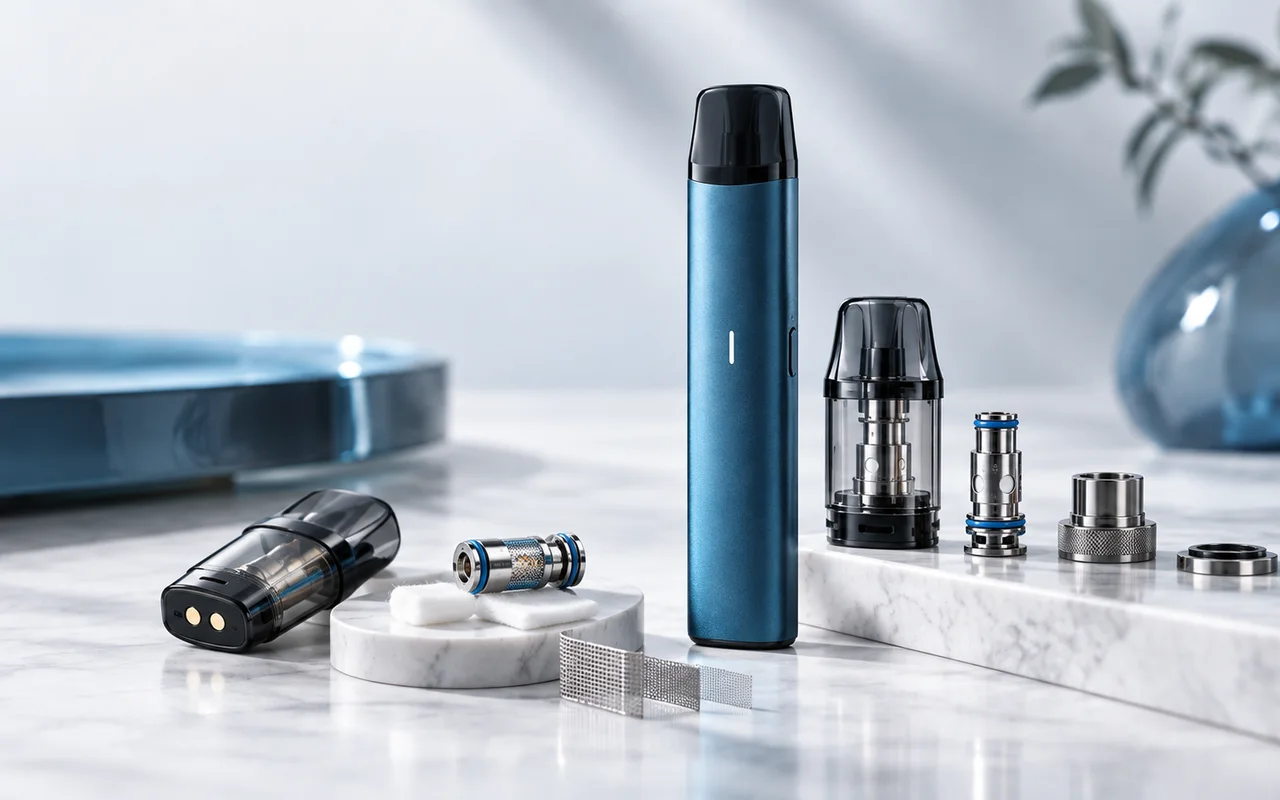 E-Zigarette mit Pods, Coils und technischen Komponenten in einer professionellen Detailaufnahme