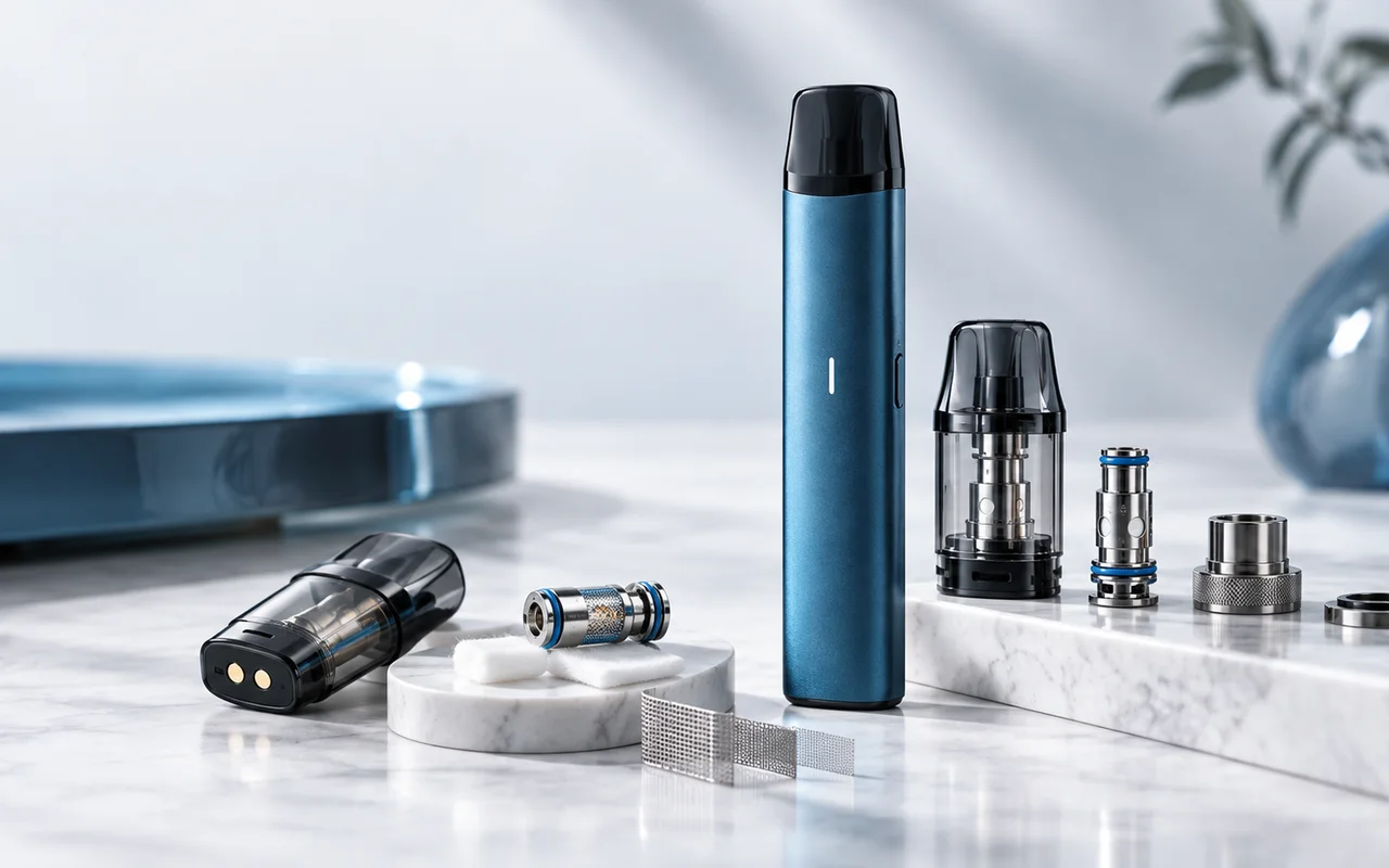 E-Zigarette mit Pods, Coils und technischen Komponenten in einer professionellen Detailaufnahme