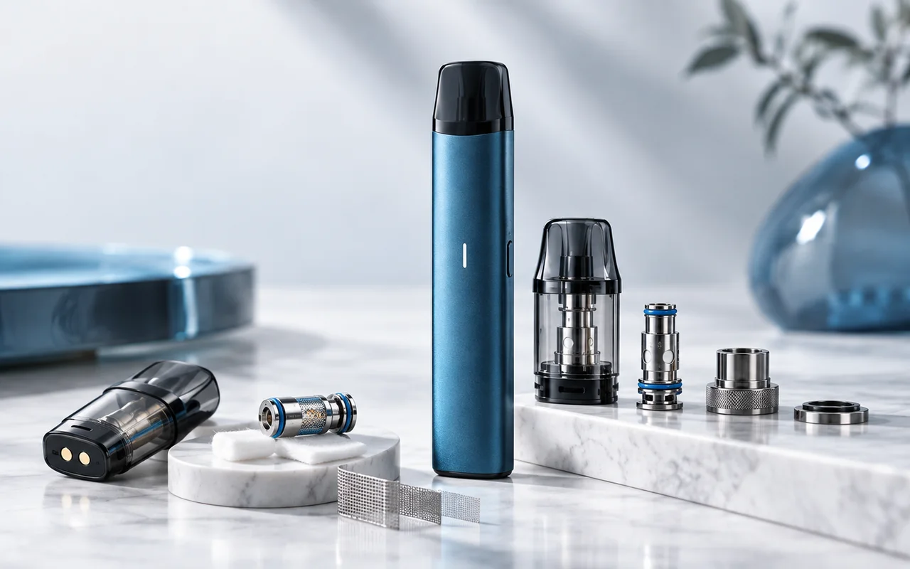 E-Zigarette mit Pods, Coils und technischen Komponenten in einer professionellen Detailaufnahme