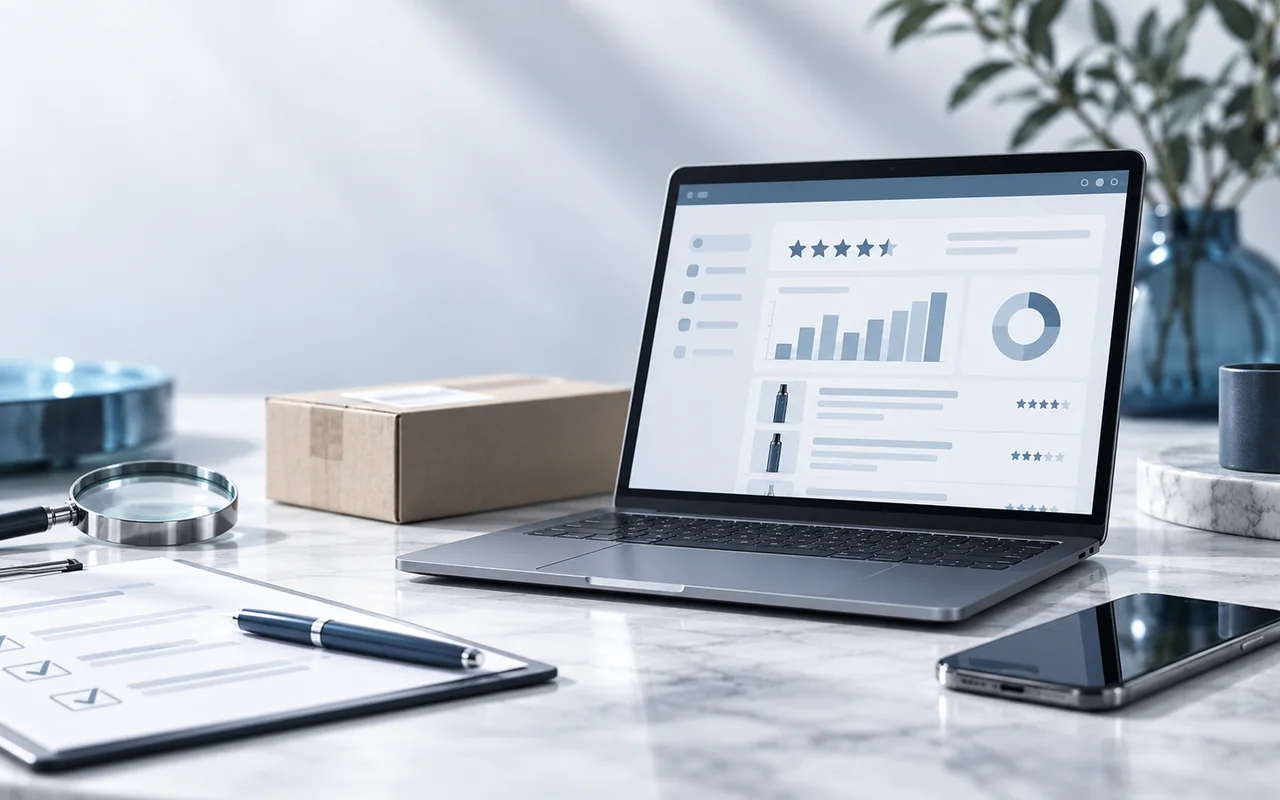 Redaktionelle Produktprüfung an einem modernen Arbeitsplatz mit Vape-Produkten