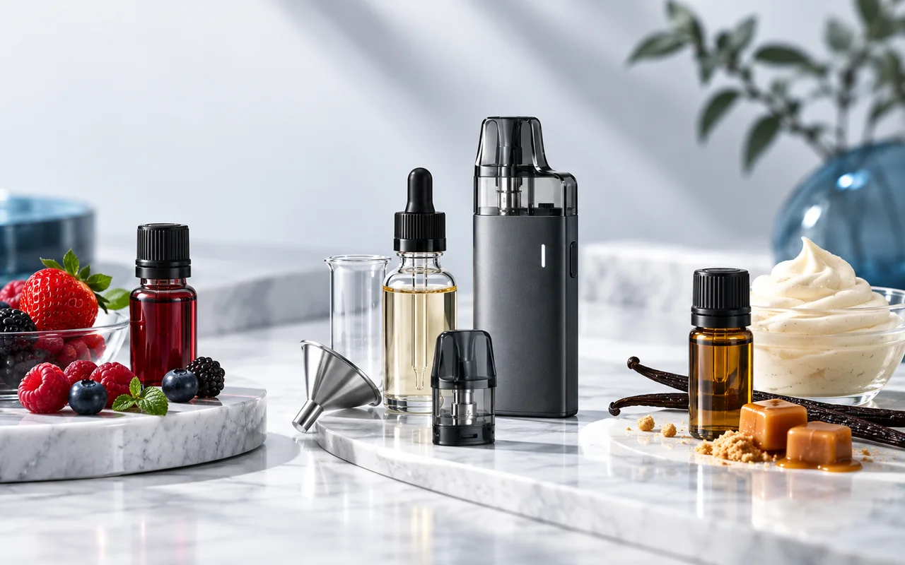 E-Liquid-Aromen, Pod-System und Geschmackszutaten in einer professionellen Produktaufnahme