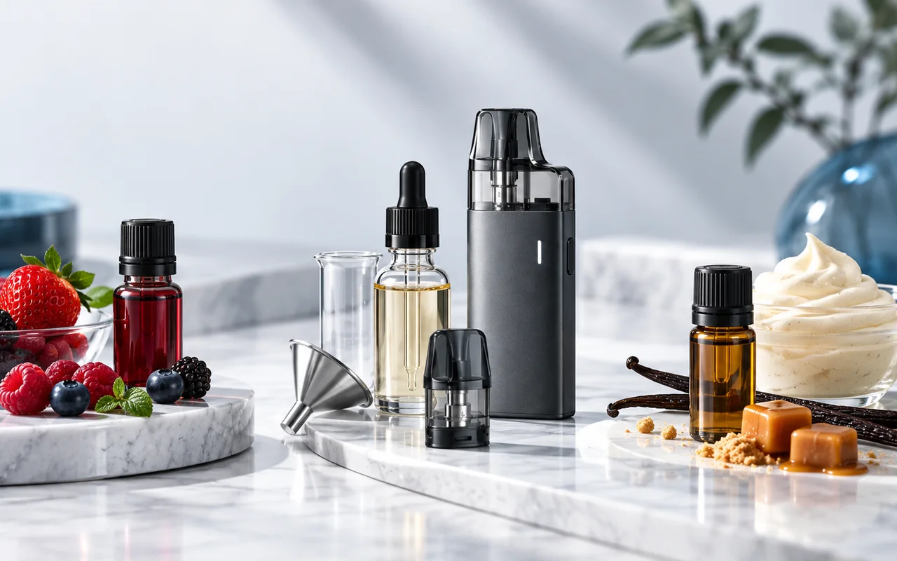 E-Liquid-Aromen, Pod-System und Geschmackszutaten in einer professionellen Produktaufnahme