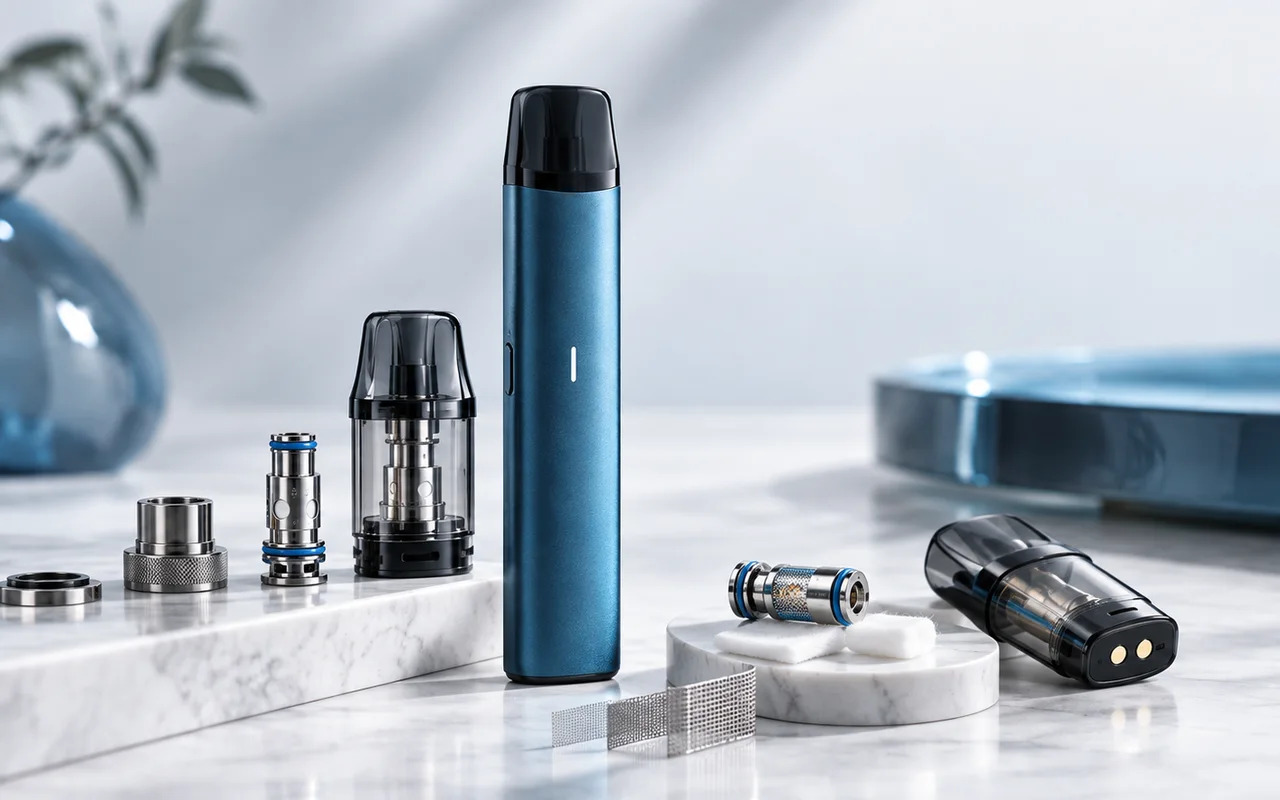 E-Zigarette mit Pods, Coils und technischen Komponenten in einer professionellen Detailaufnahme