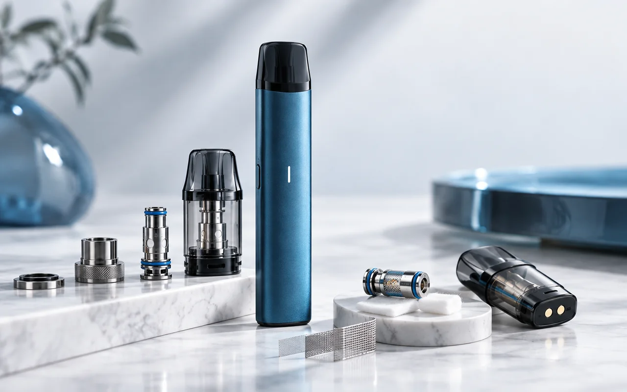 E-Zigarette mit Pods, Coils und technischen Komponenten in einer professionellen Detailaufnahme