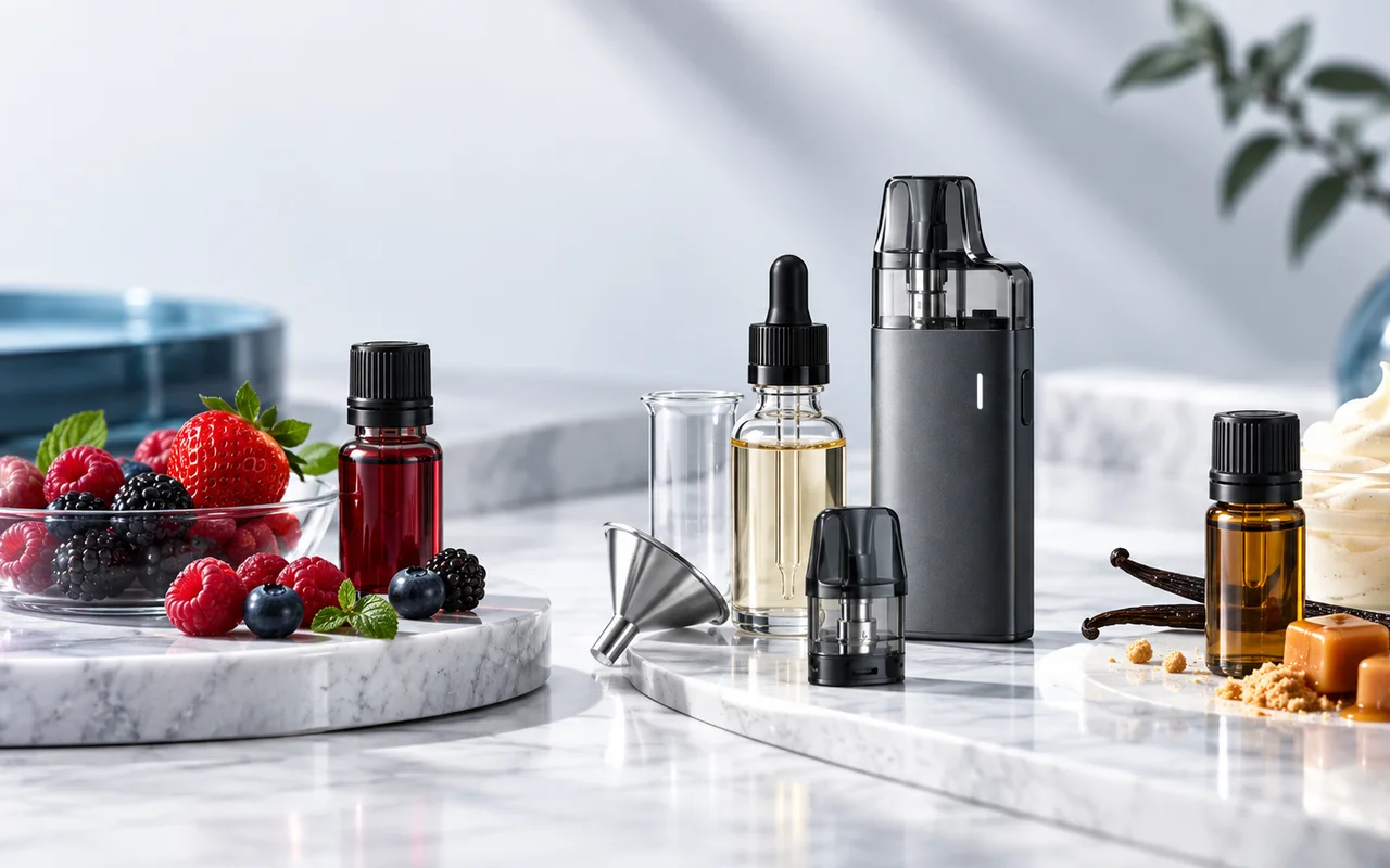 E-Liquid-Aromen, Pod-System und Geschmackszutaten in einer professionellen Produktaufnahme