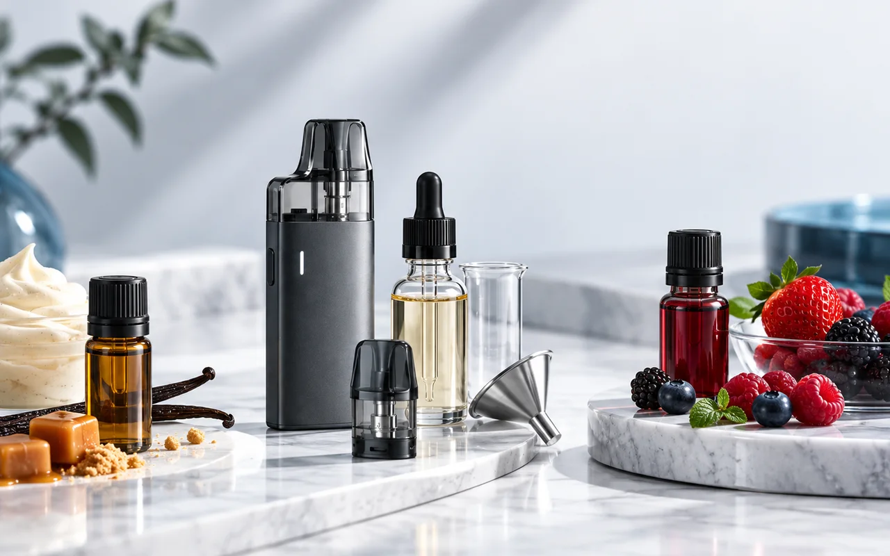 E-Liquid-Aromen, Pod-System und Geschmackszutaten in einer professionellen Produktaufnahme