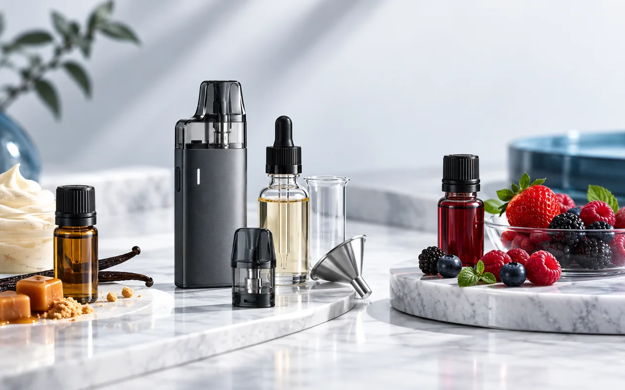 E-Liquid-Aromen, Pod-System und Geschmackszutaten in einer professionellen Produktaufnahme