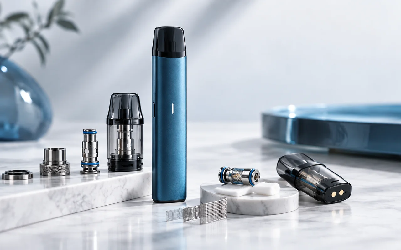 E-Zigarette mit Pods, Coils und technischen Komponenten in einer professionellen Detailaufnahme
