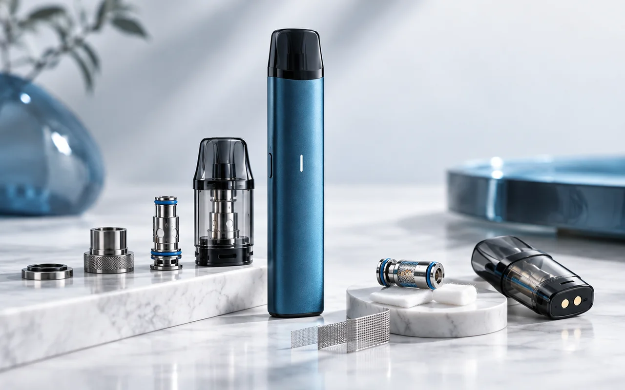 E-Zigarette mit Pods, Coils und technischen Komponenten in einer professionellen Detailaufnahme