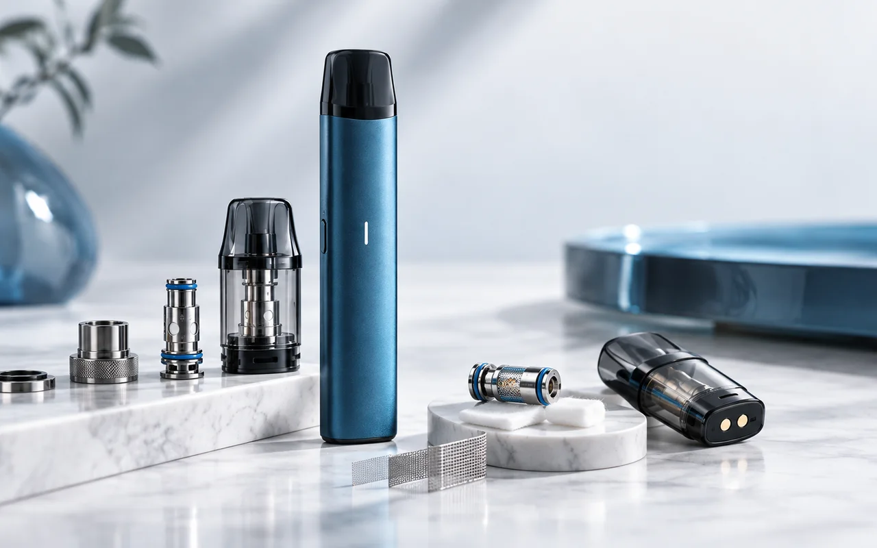 E-Zigarette mit Pods, Coils und technischen Komponenten in einer professionellen Detailaufnahme