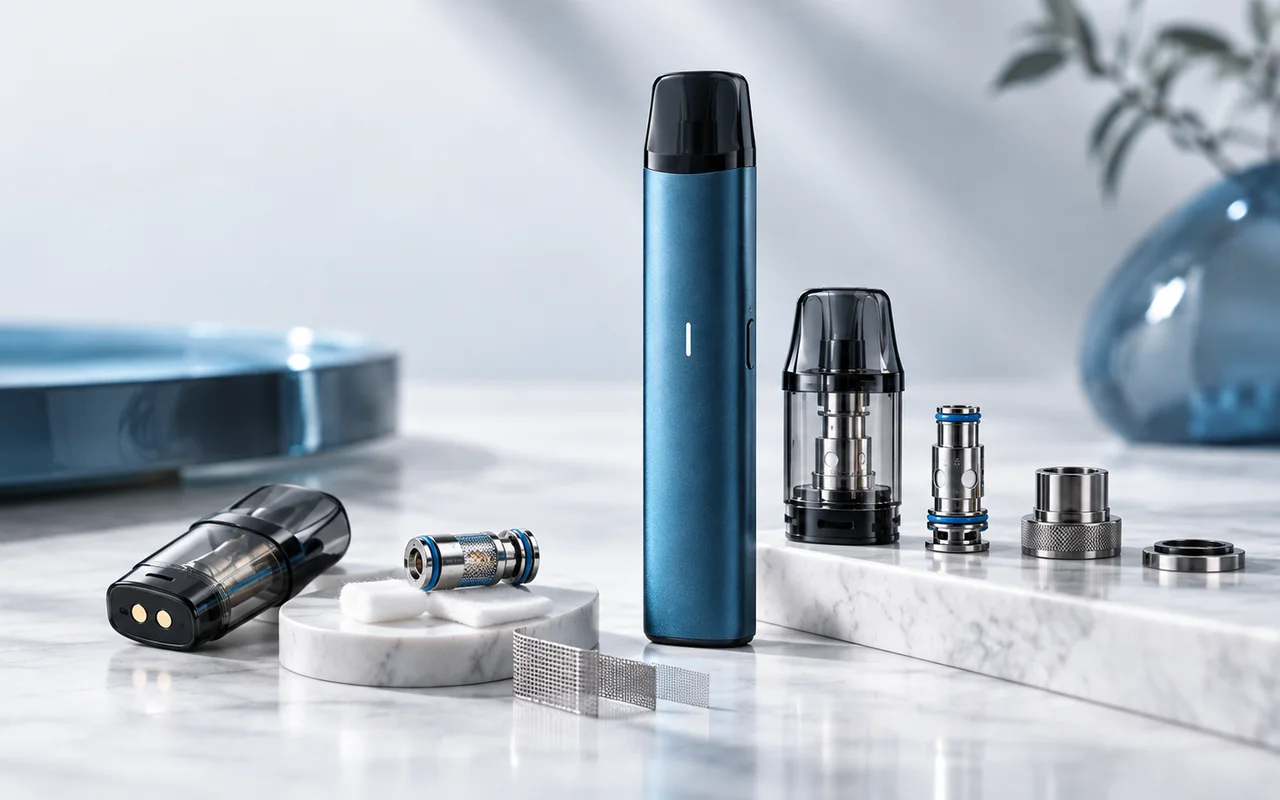 E-Zigarette mit Pods, Coils und technischen Komponenten in einer professionellen Detailaufnahme