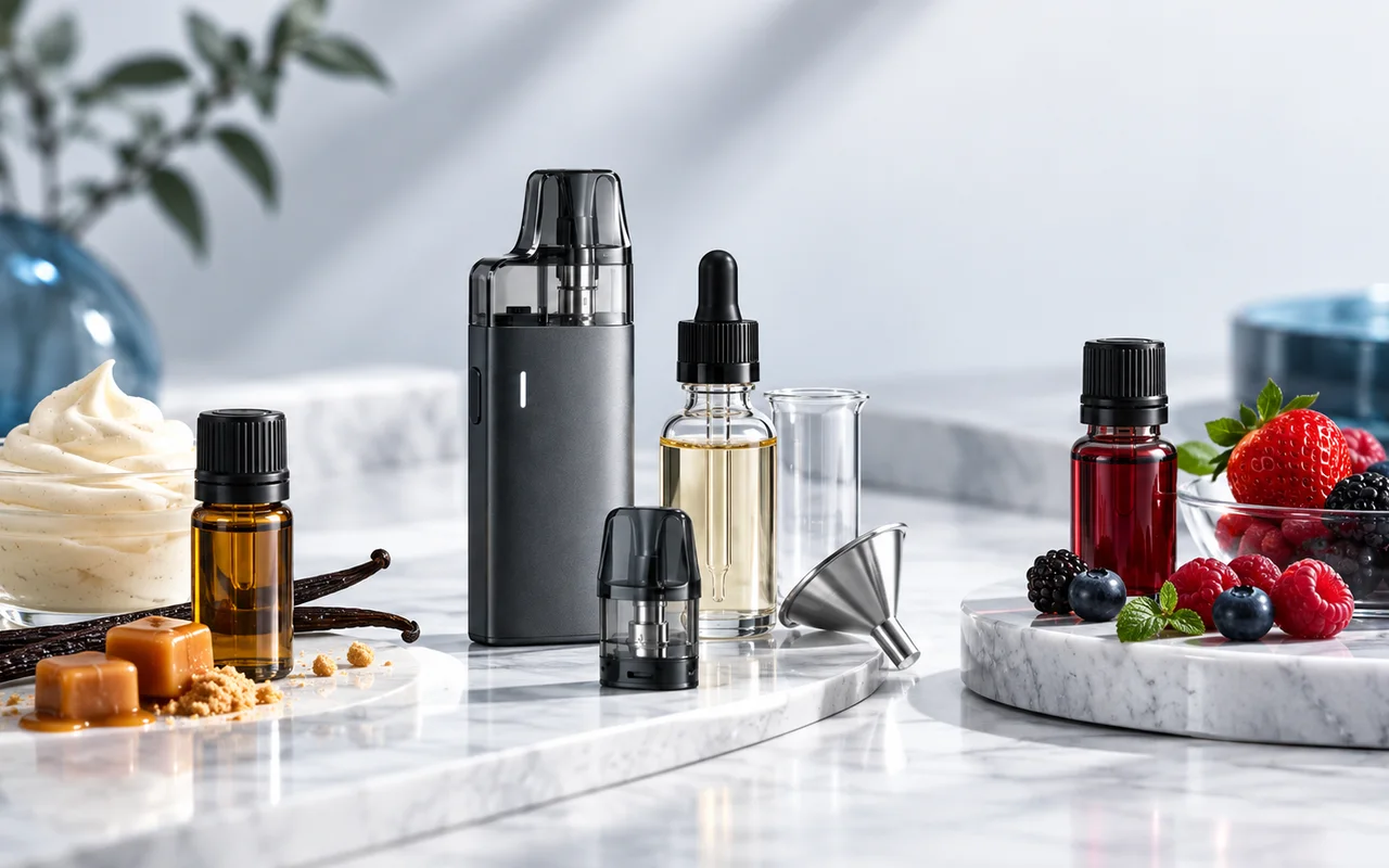 E-Liquid-Aromen, Pod-System und Geschmackszutaten in einer professionellen Produktaufnahme
