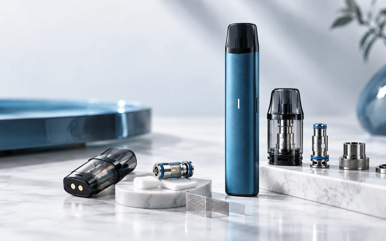 E-Zigarette mit Pods, Coils und technischen Komponenten in einer professionellen Detailaufnahme